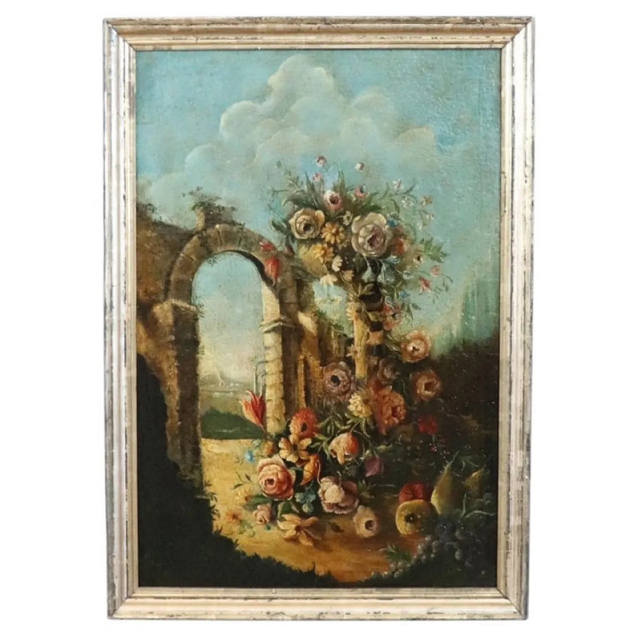 Oil painting on canvas still life with ruins, 19th century 1