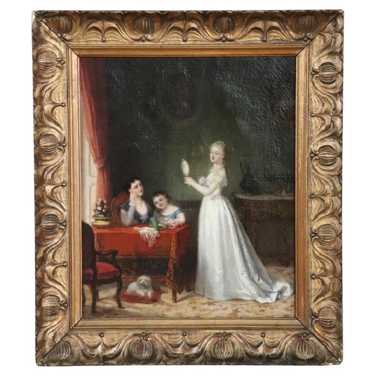 Oil painting on canvas scene between young people indoors, 19th century 1
