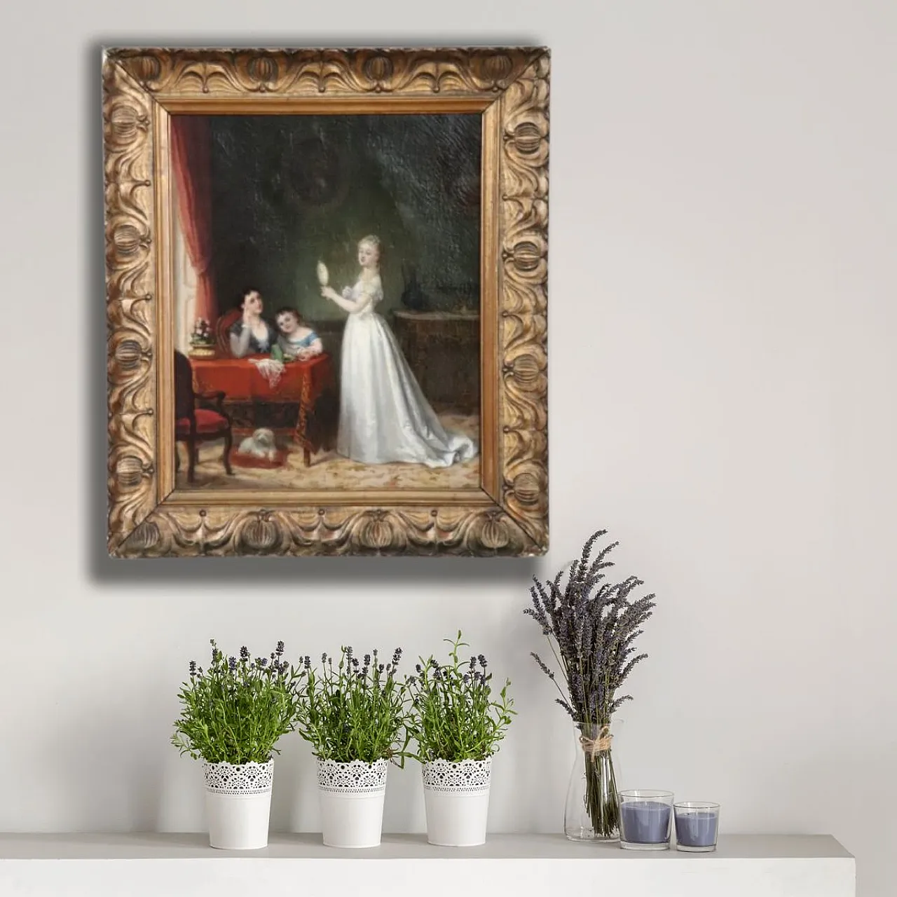 Oil painting on canvas scene between young people indoors, 19th century 2
