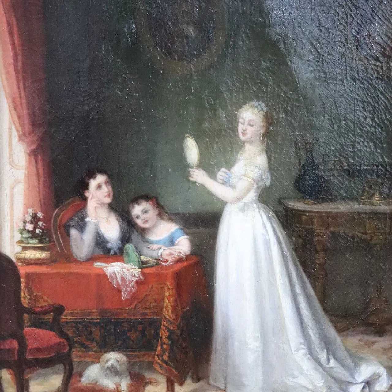 Oil painting on canvas scene between young people indoors, 19th century 3