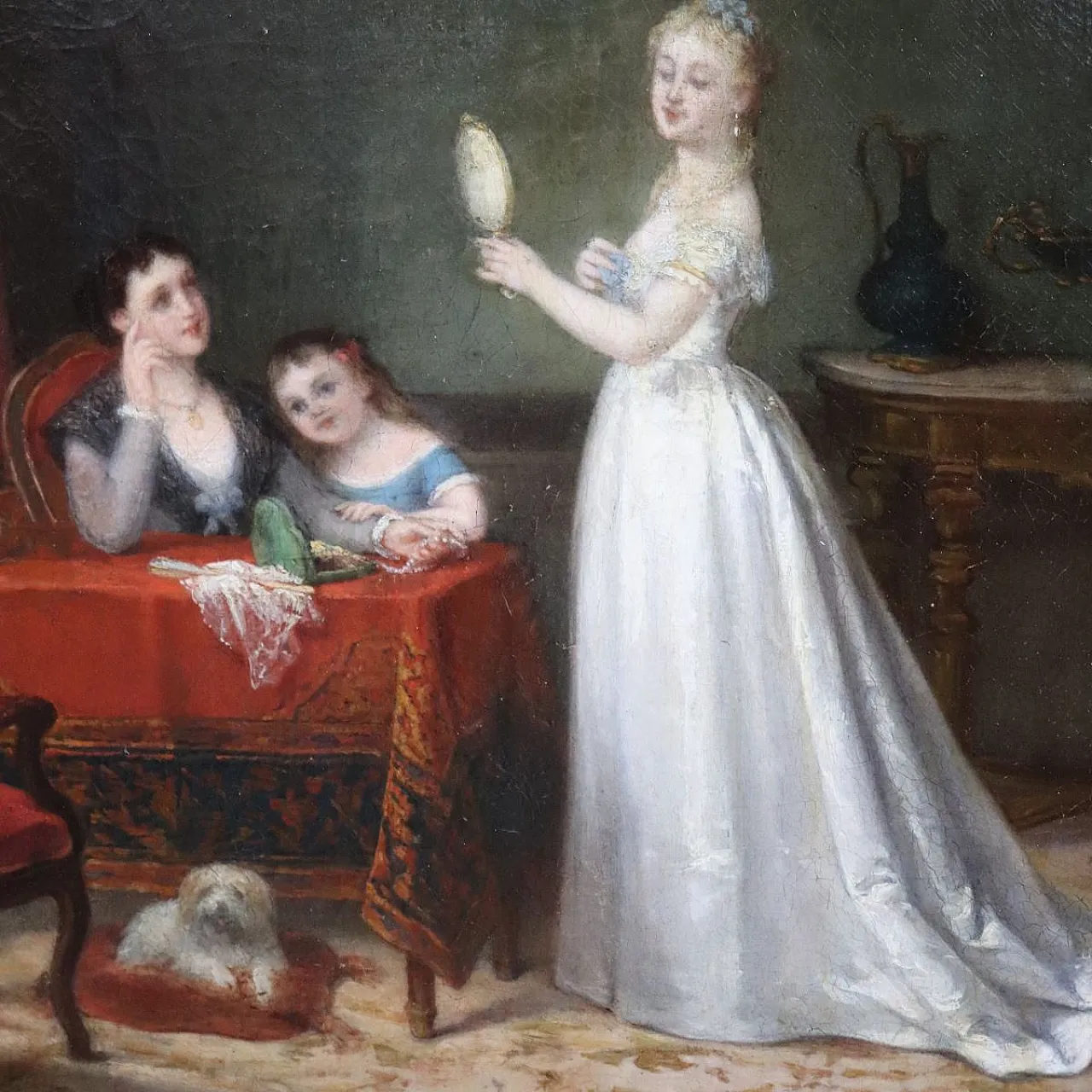 Oil painting on canvas scene between young people indoors, 19th century 4