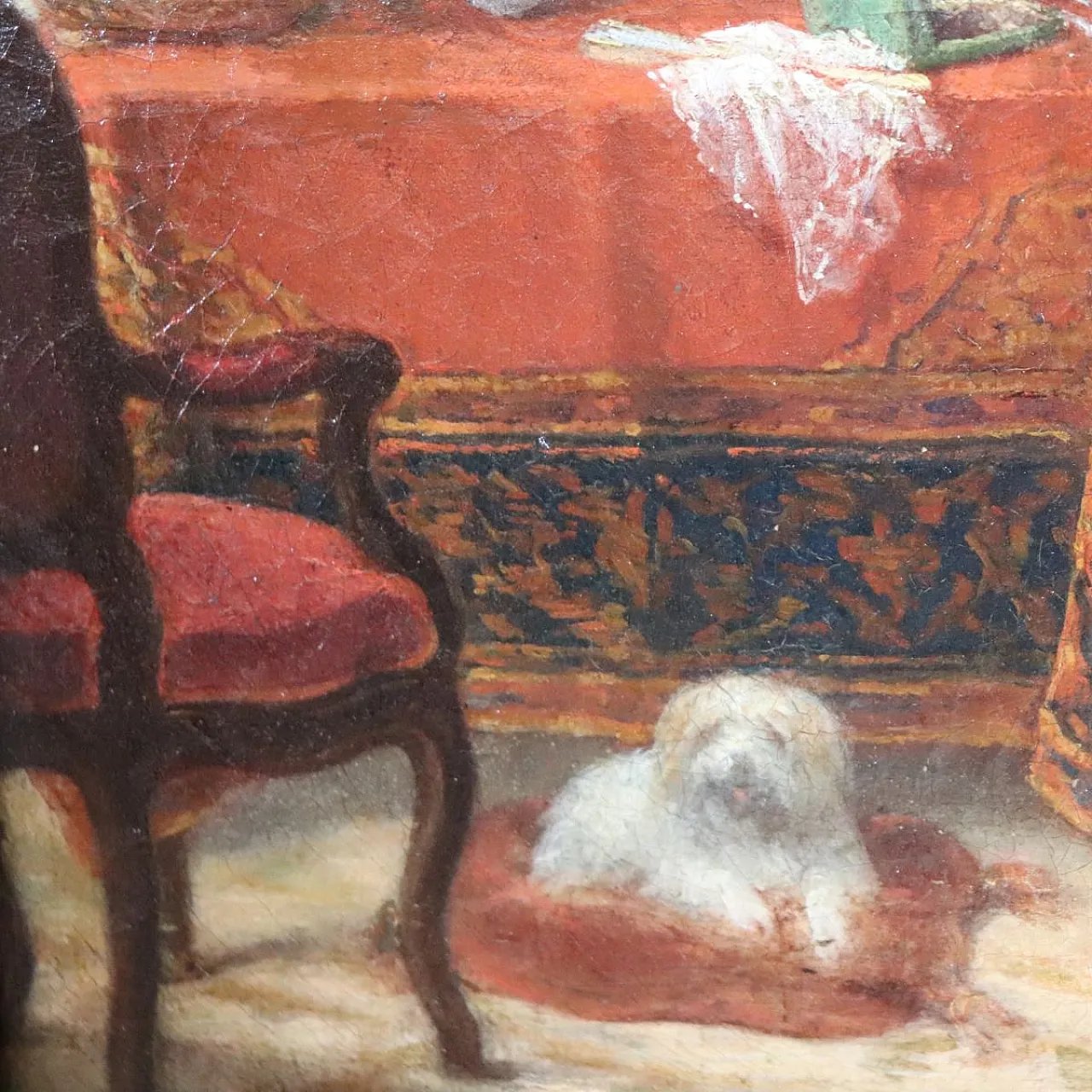 Oil painting on canvas scene between young people indoors, 19th century 5