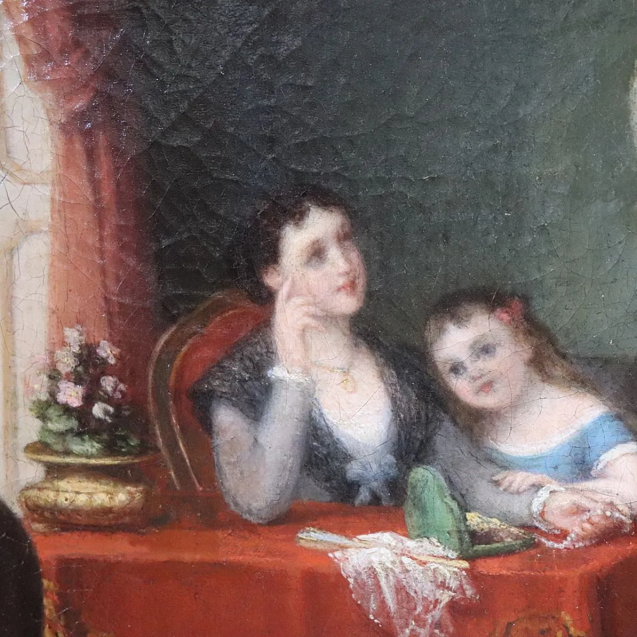 Oil painting on canvas scene between young people indoors, 19th century 6