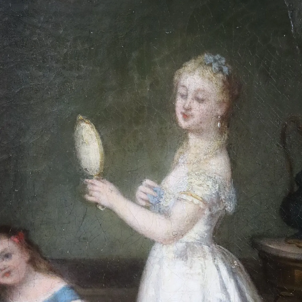 Oil painting on canvas scene between young people indoors, 19th century 9