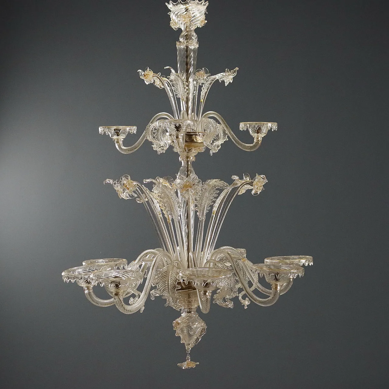 Chandelier in transparent blown glass and gilding, 20th century 1