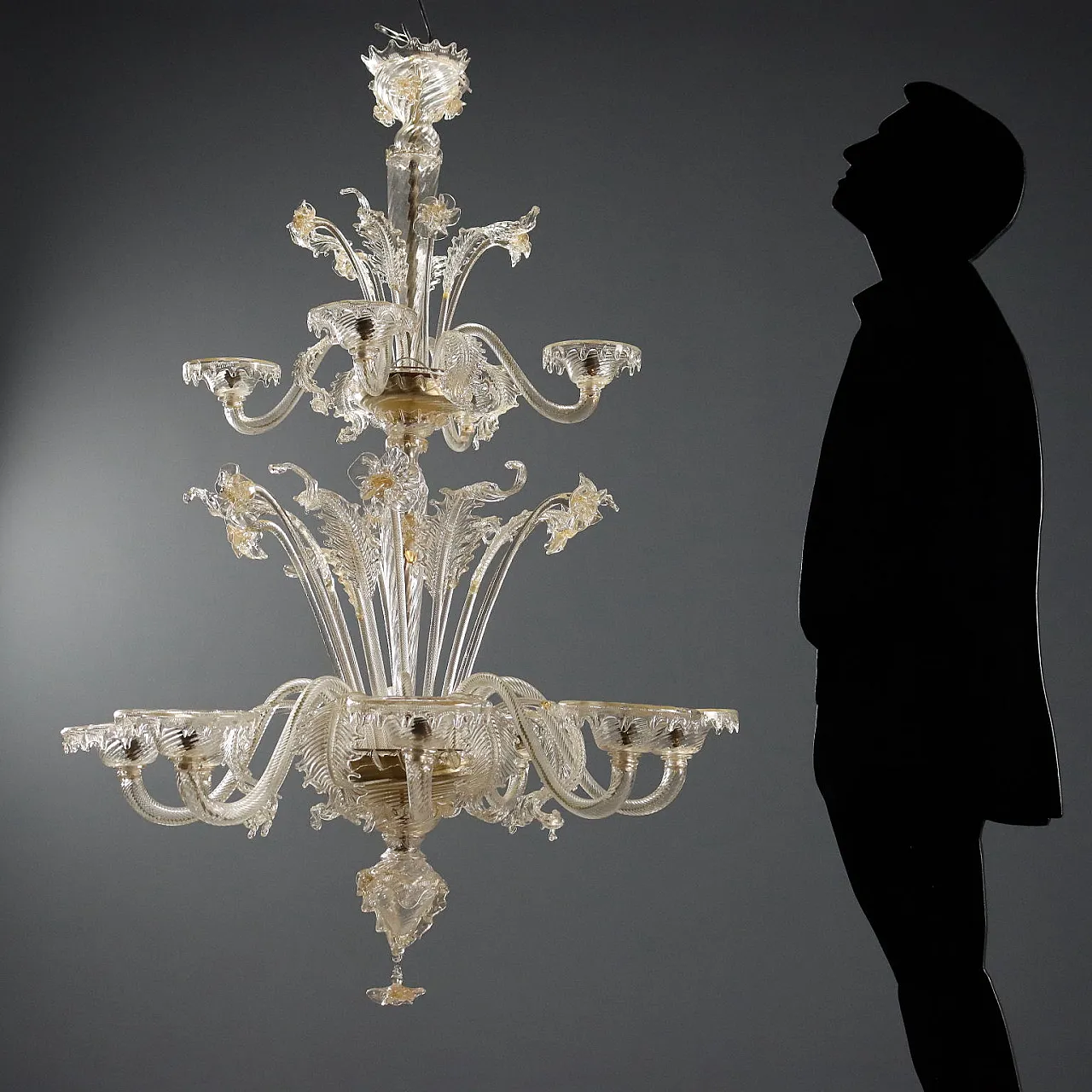 Chandelier in transparent blown glass and gilding, 20th century 2