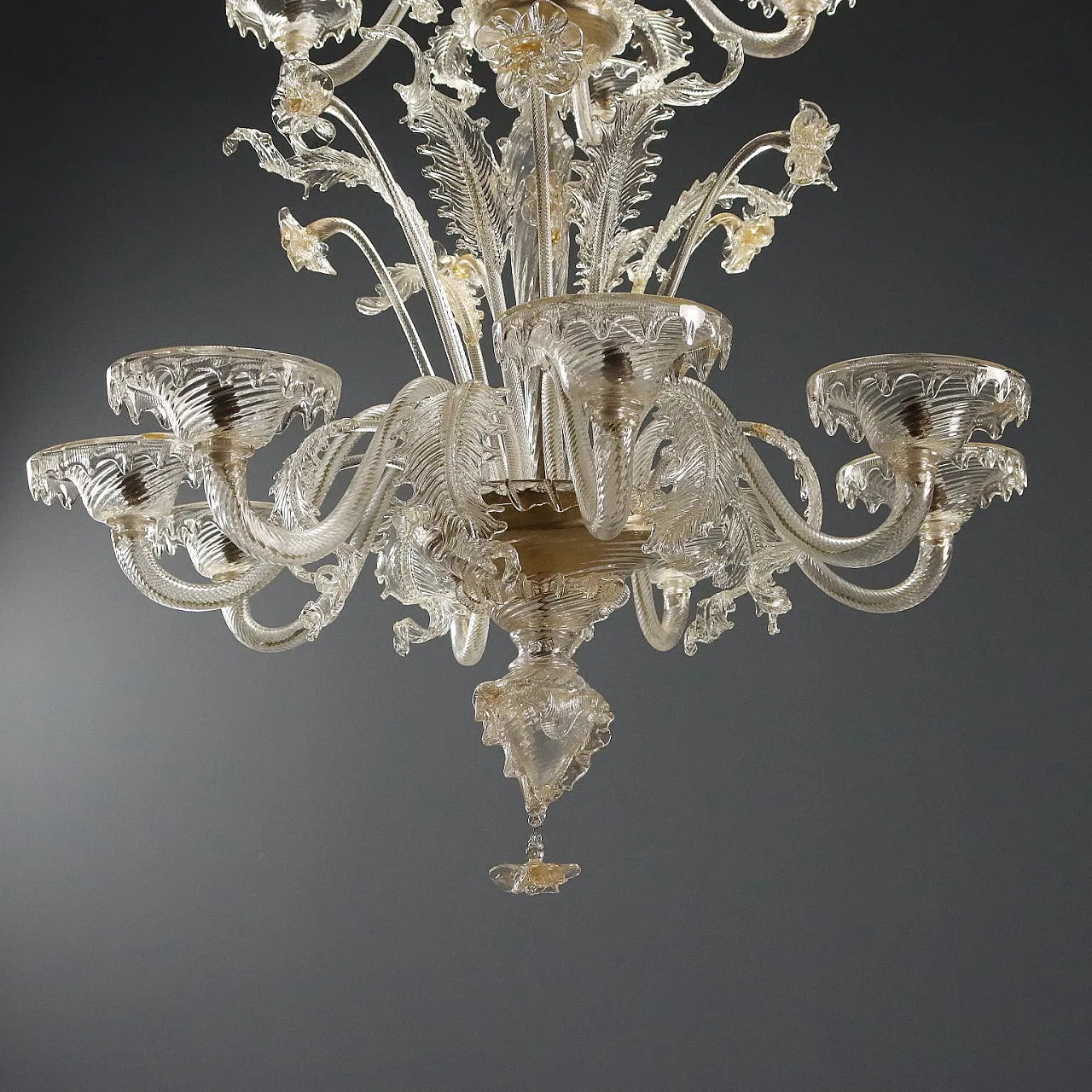 Chandelier in transparent blown glass and gilding, 20th century 9