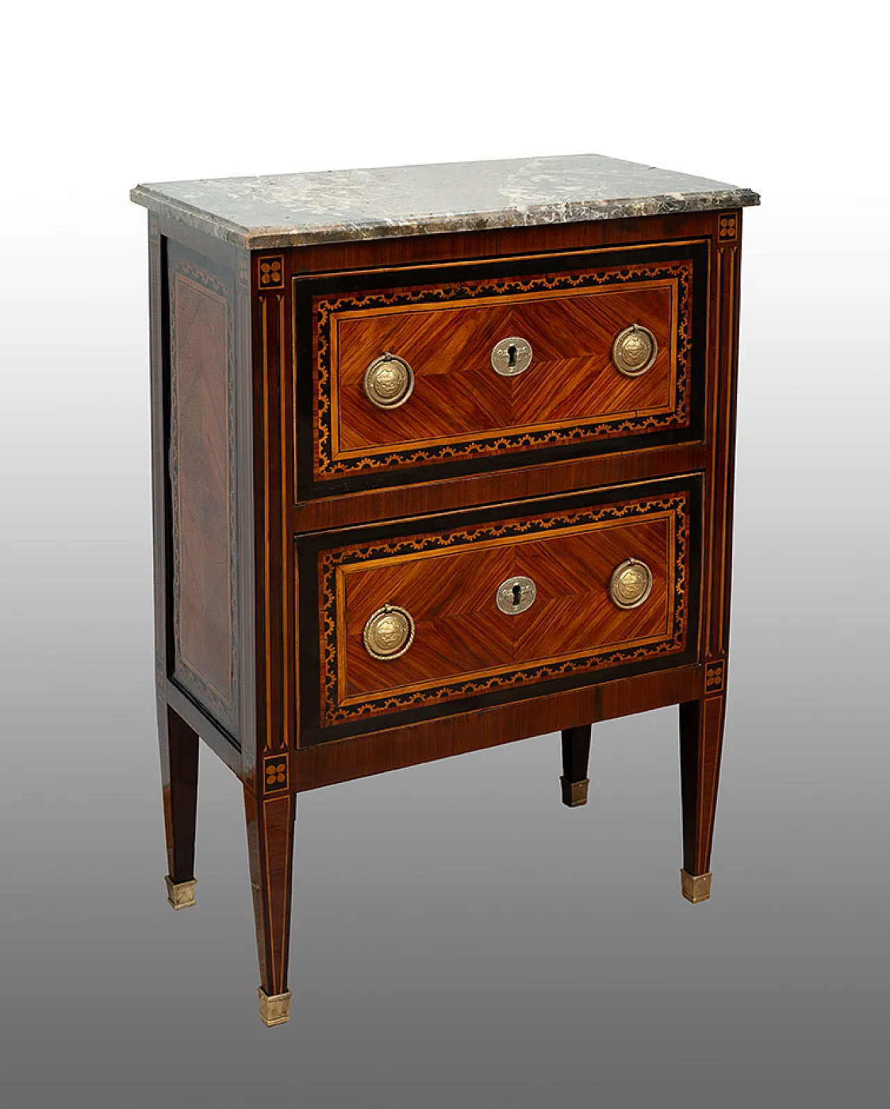 Antique Louis XVI Neapolitan bedside table in precious exotic woods with plate 1