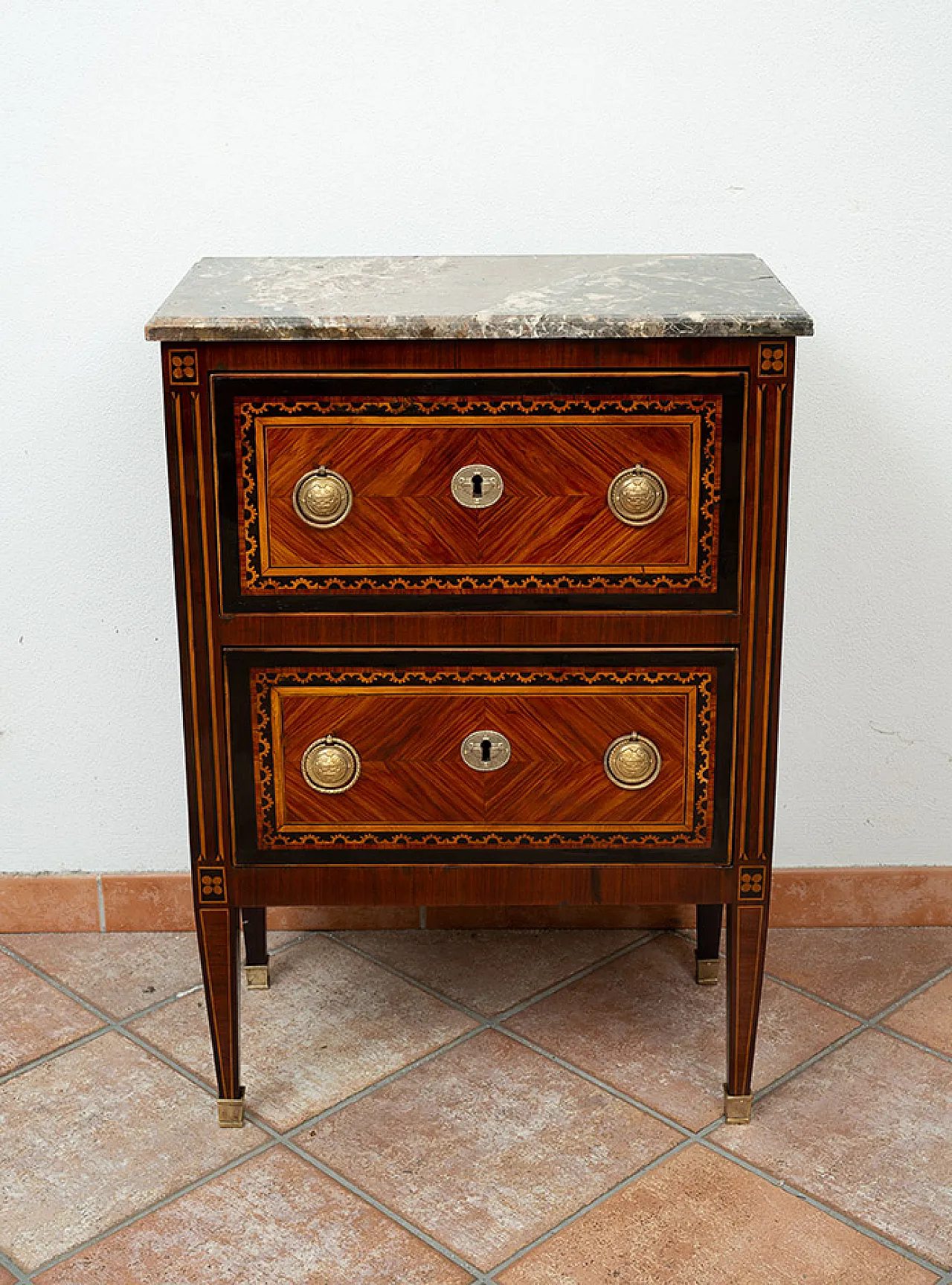 Antique Louis XVI Neapolitan bedside table in precious exotic woods with plate 2