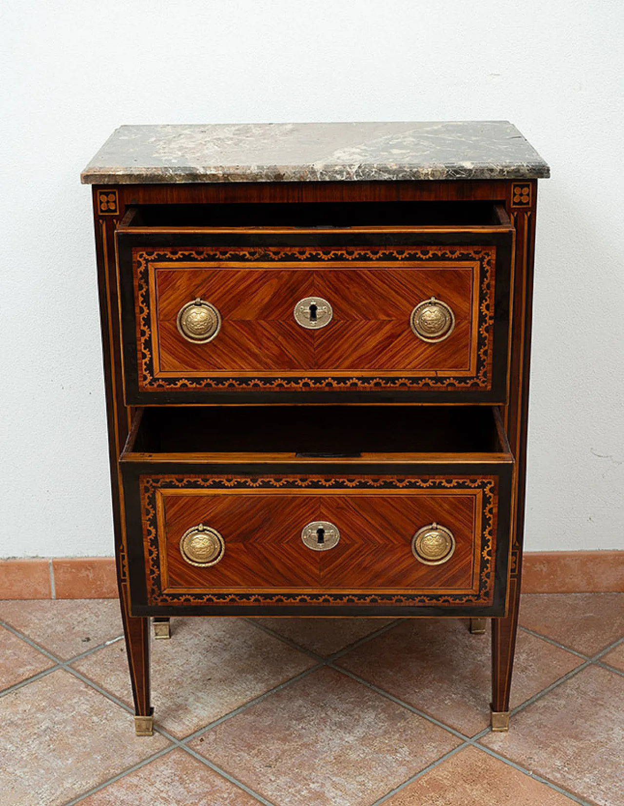Antique Louis XVI Neapolitan bedside table in precious exotic woods with plate 3