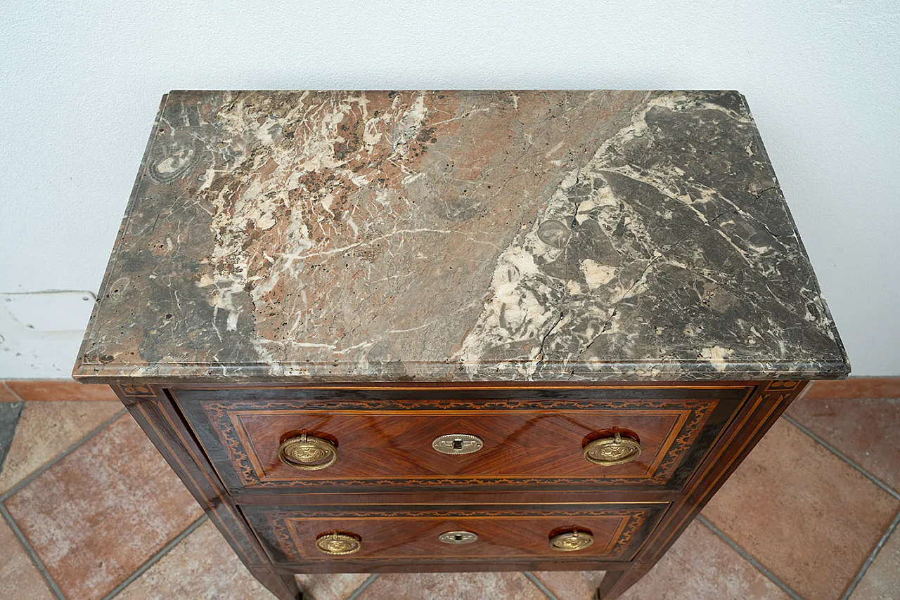 Antique Louis XVI Neapolitan bedside table in precious exotic woods with plate 4