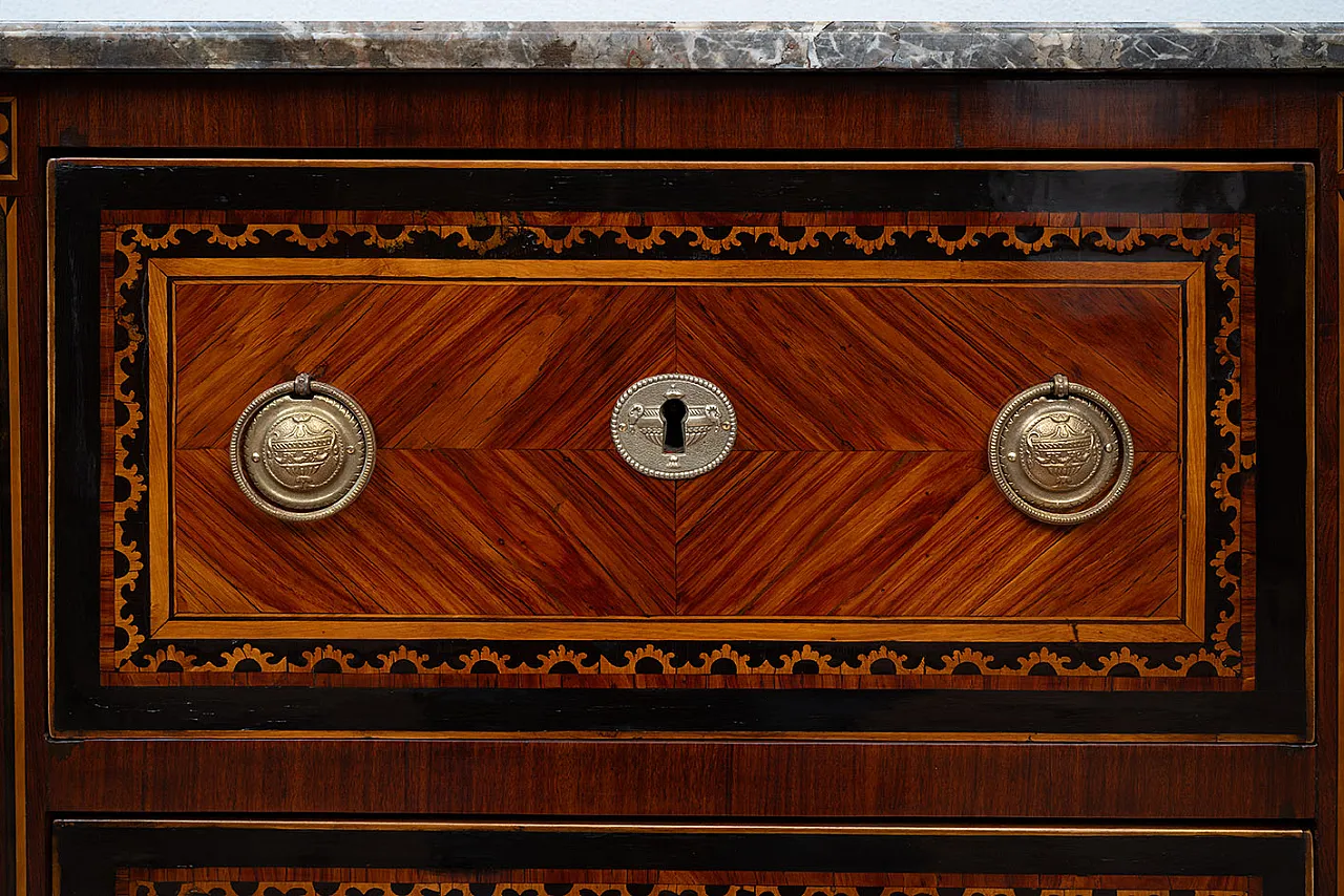 Antique Louis XVI Neapolitan bedside table in precious exotic woods with plate 5