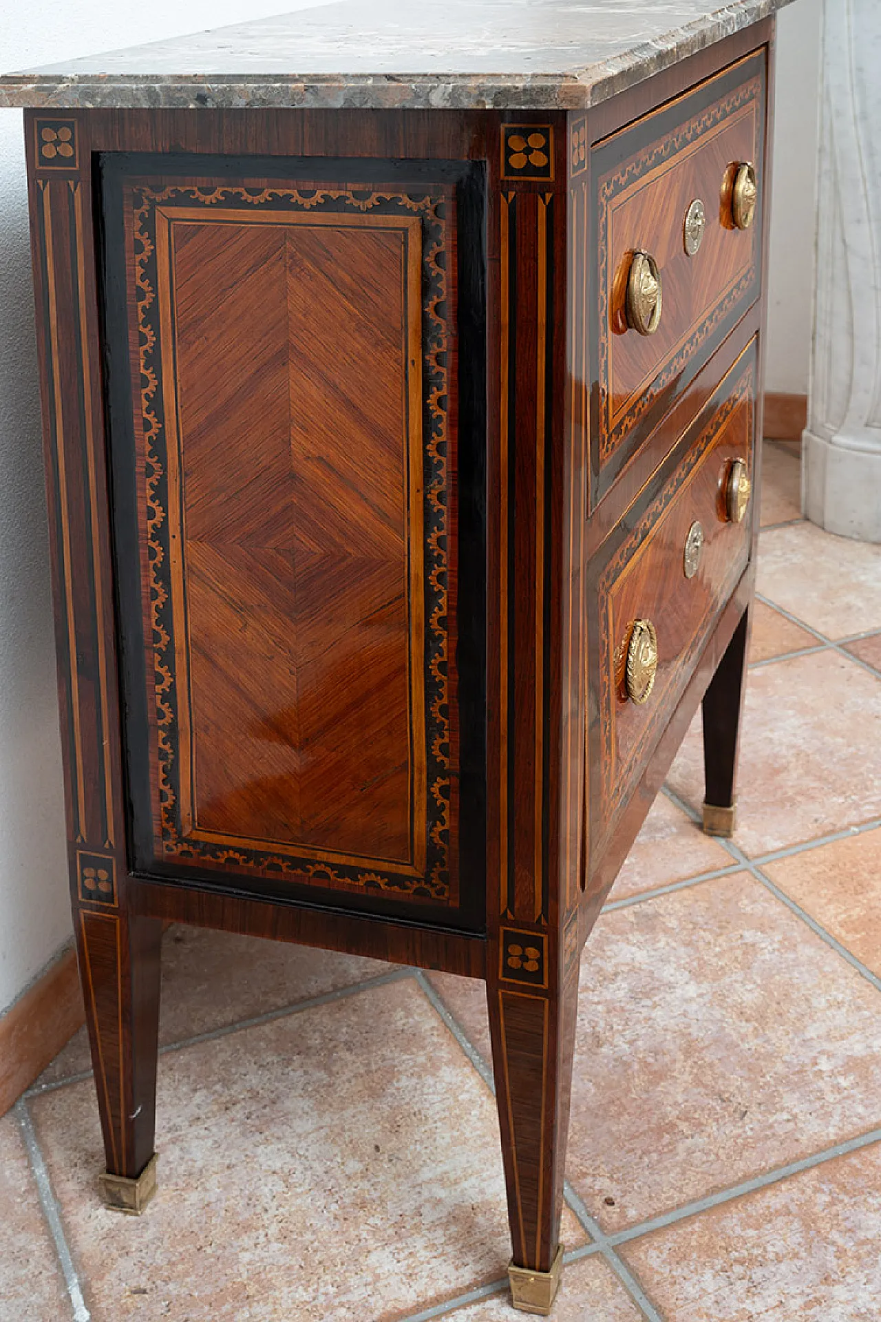 Antique Louis XVI Neapolitan bedside table in precious exotic woods with plate 6