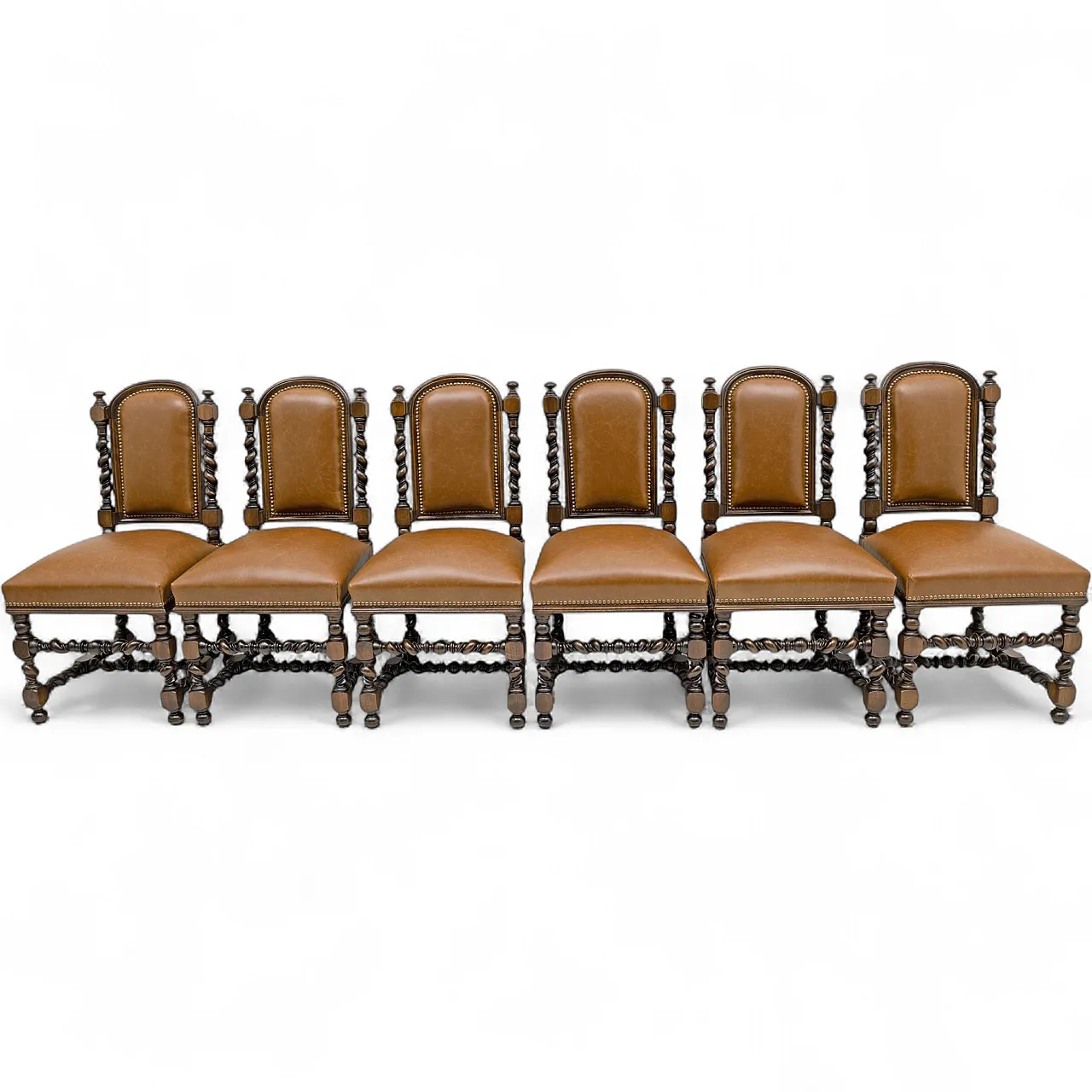 6 Neo-Renaissance walnut dining chairs in leather, late 19th century 15
