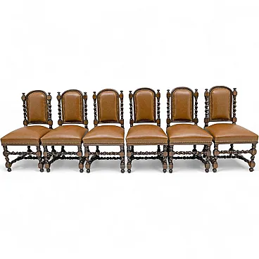 6 Neo-Renaissance walnut dining chairs in leather, late 19th century