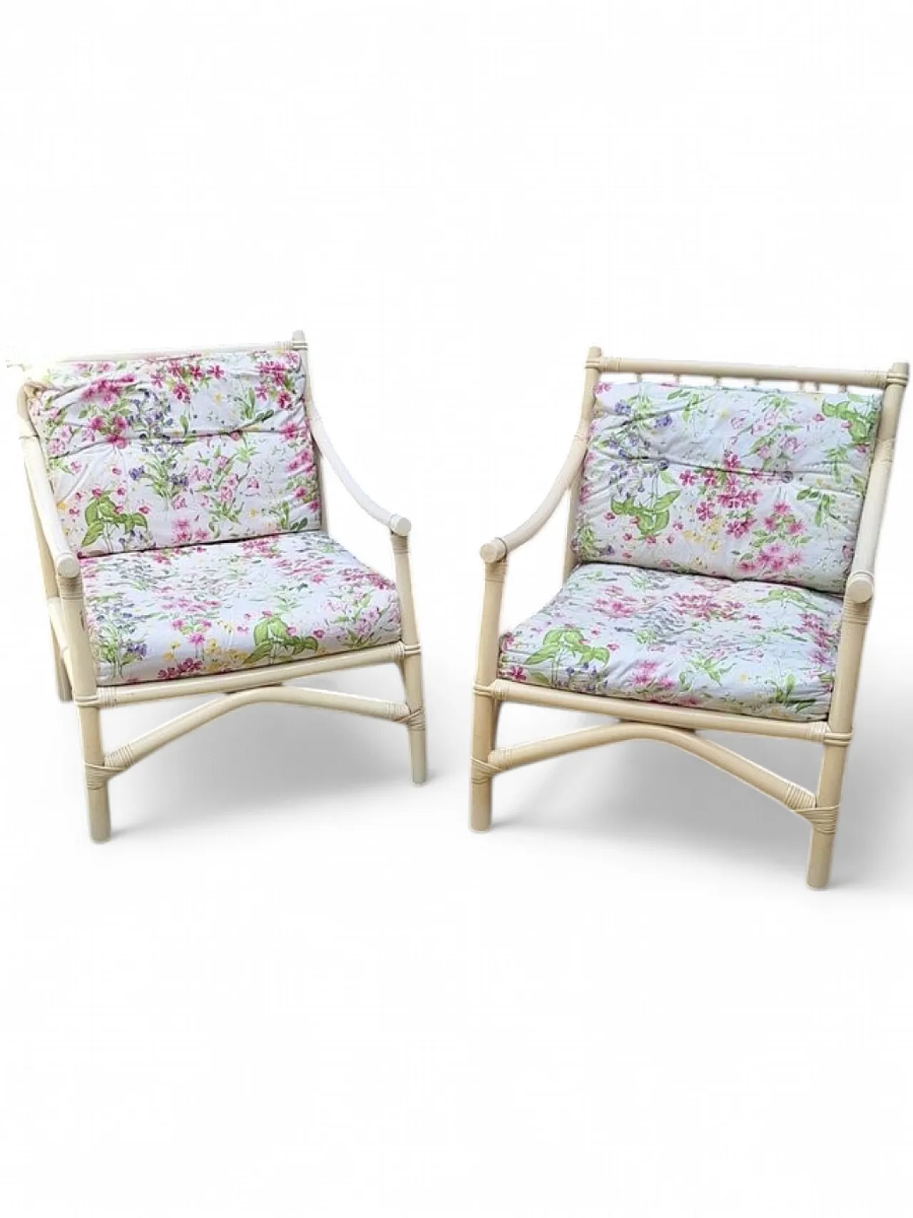 Pair of white lacquered bamboo armchairs, 1970s 6