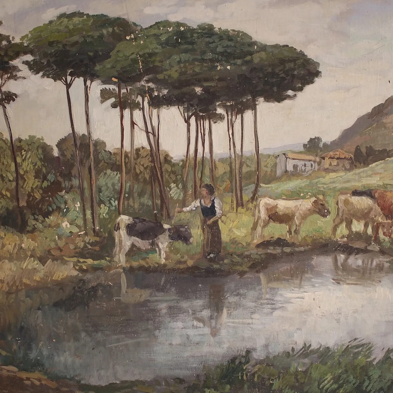 Bucolic landscape painting signed Giron from the 20th century 4