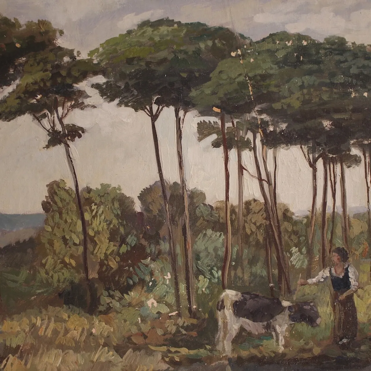 Bucolic landscape painting signed Giron from the 20th century 11