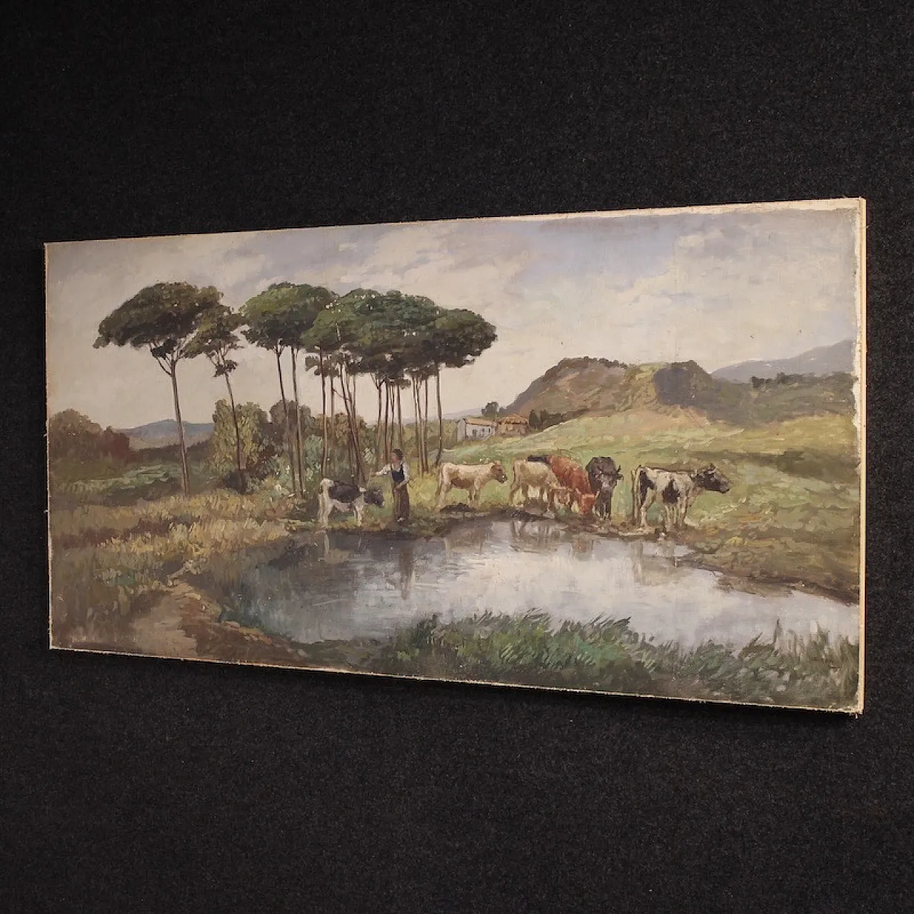 Bucolic landscape painting signed Giron from the 20th century 13