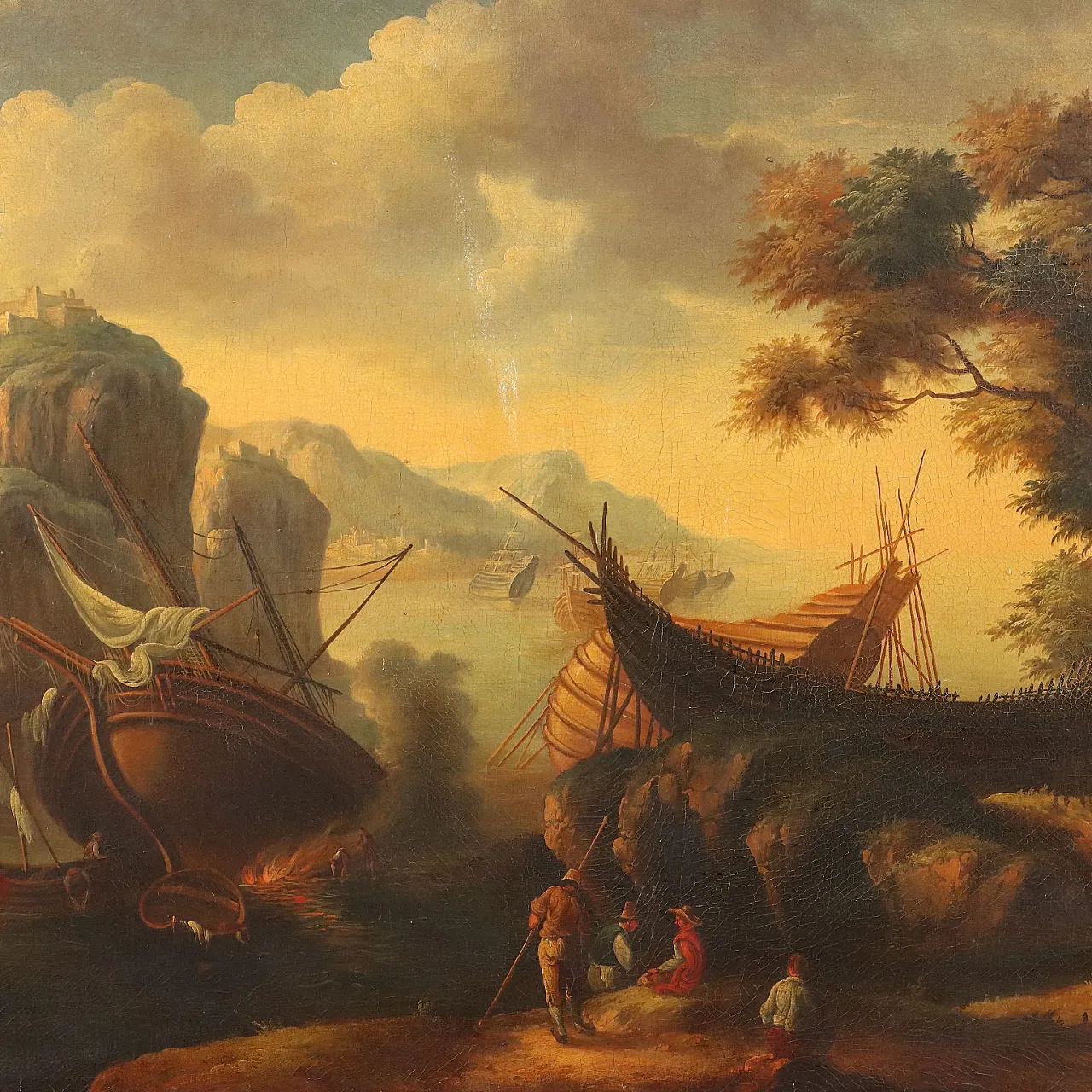 Seascape Painting with Wrecks and Figures, early 20th century 3