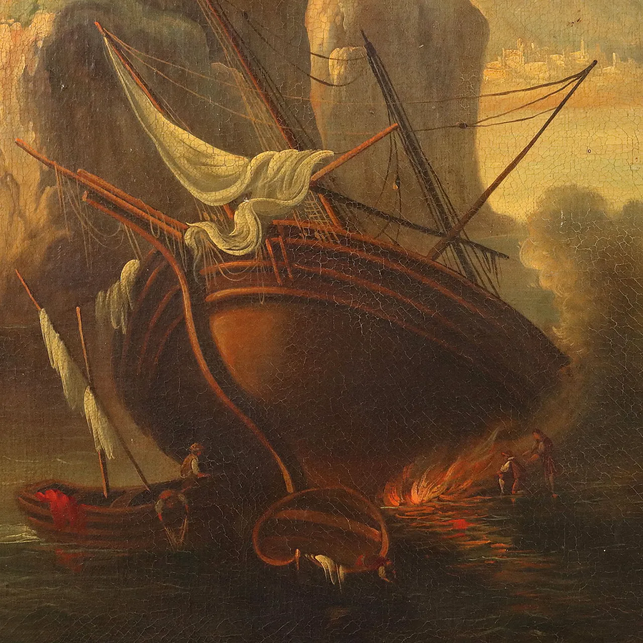 Seascape Painting with Wrecks and Figures, early 20th century 5
