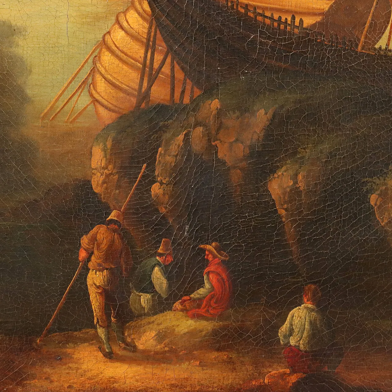 Seascape Painting with Wrecks and Figures, early 20th century 6