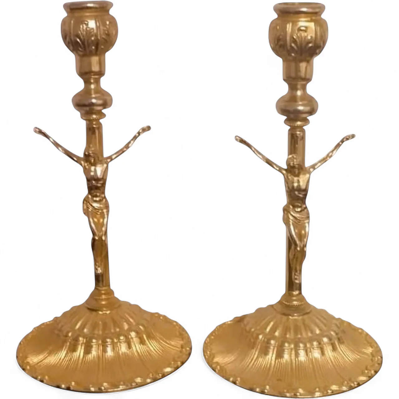 Pair Antique Gilt Brass Candlesticks Crucifix Figures, 30s 5