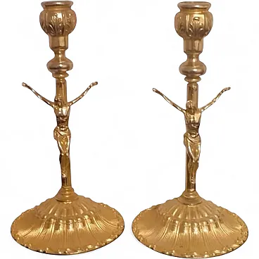 Pair Antique Gilt Brass Candlesticks Crucifix Figures, 30s