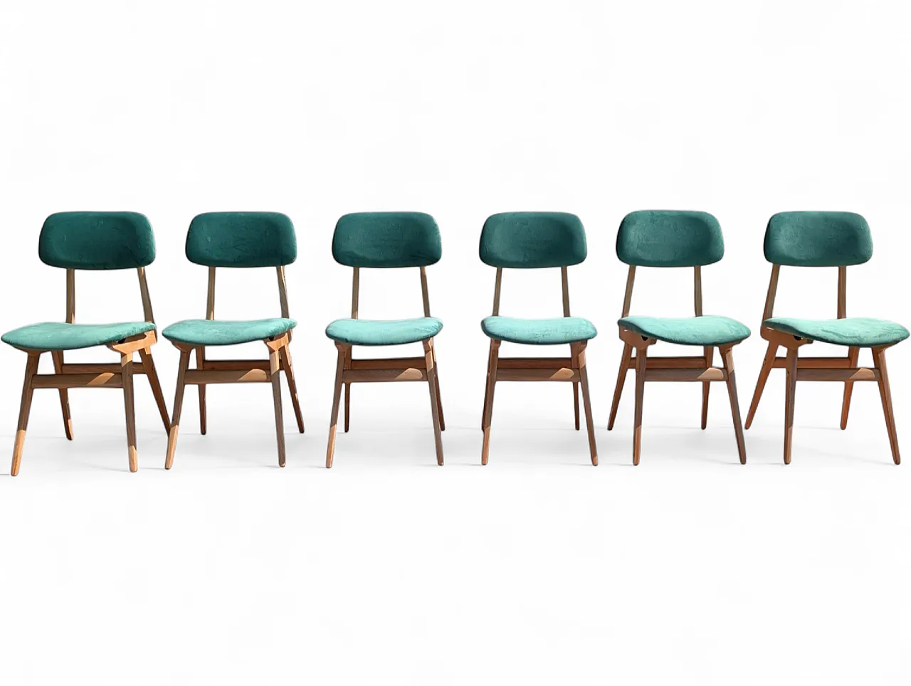 6 restored chairs in maple and sea green velvet, 60s 14