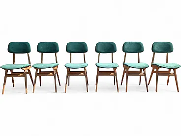 6 restored chairs in maple and sea green velvet, 60s