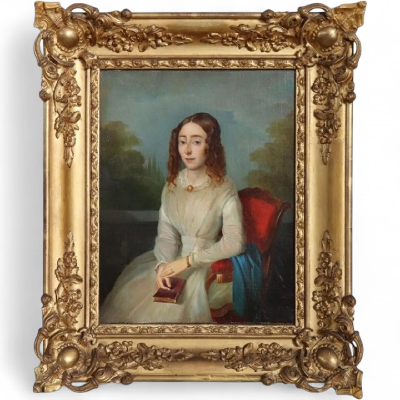 Dipinto olio su tela, Giovane donna con libro, '800 14