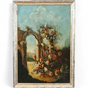 Oil painting on canvas still life with ruins, 19th century