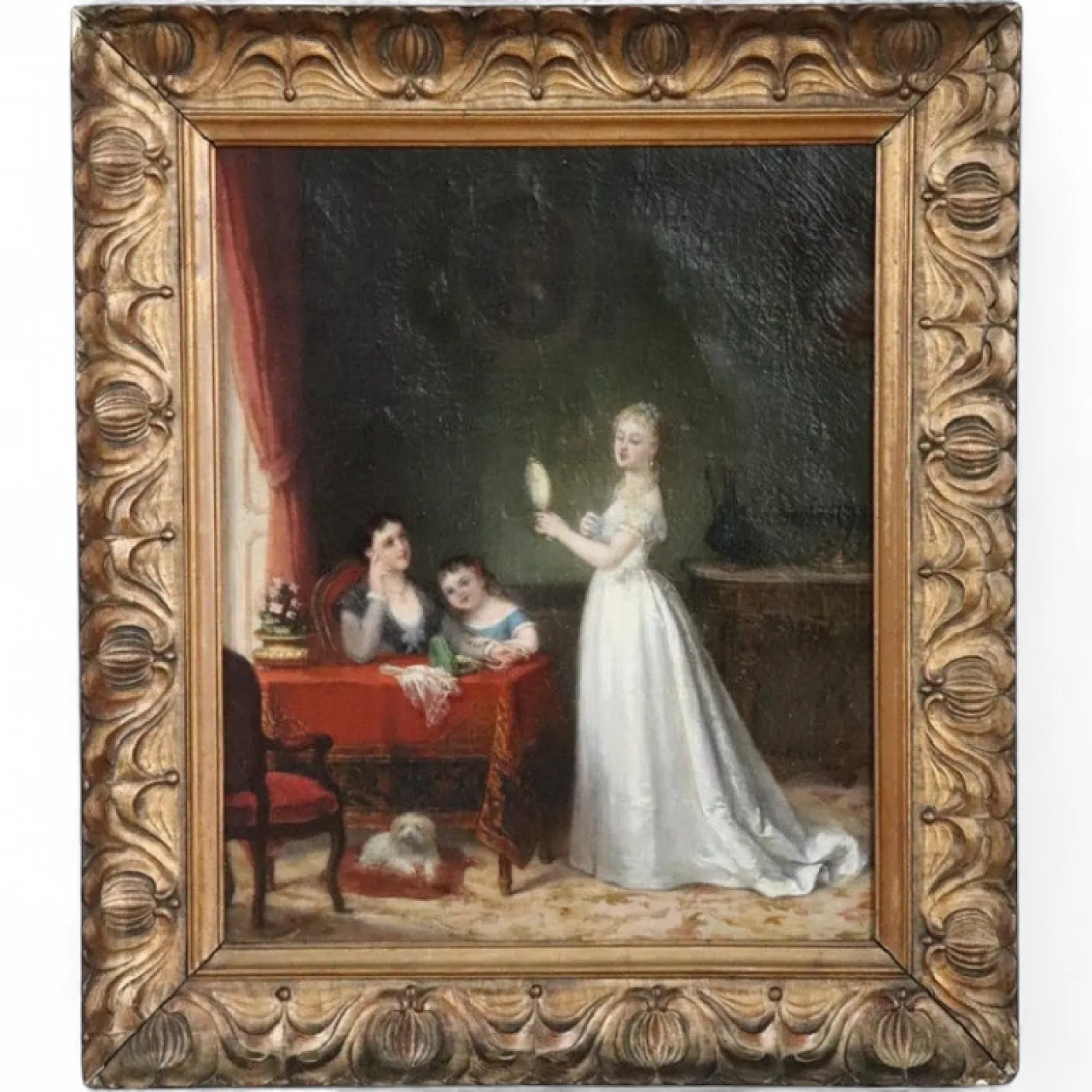 Oil painting on canvas scene between young people indoors, 19th century 20