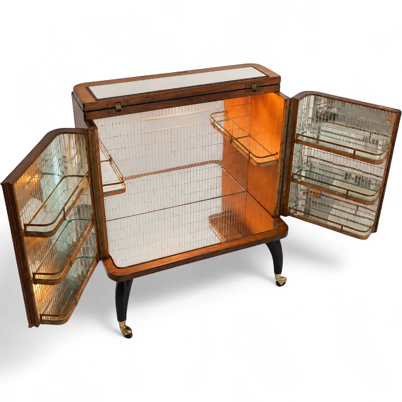 Italian 1950s illuminated bar cabinet in briarwood and mosaic mirror 15