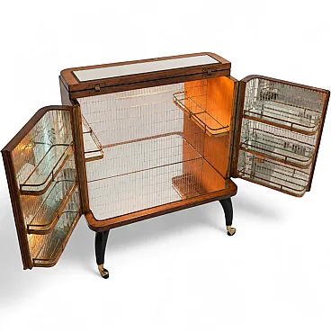 Italian 1950s illuminated bar cabinet in briarwood and mosaic mirror