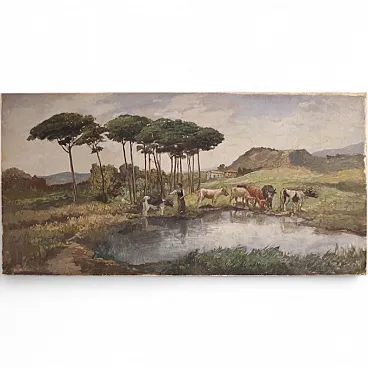 Bucolic landscape painting signed Giron from the 20th century