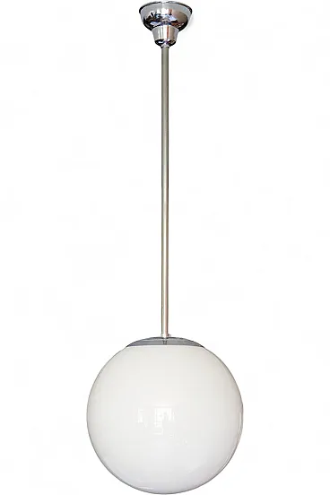 Bauhaus metal suspension with opaline glass bowl, 1940s