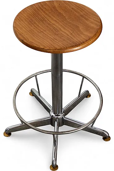 Industrial chrome and wood stool, adjustable in height, 60s-70s