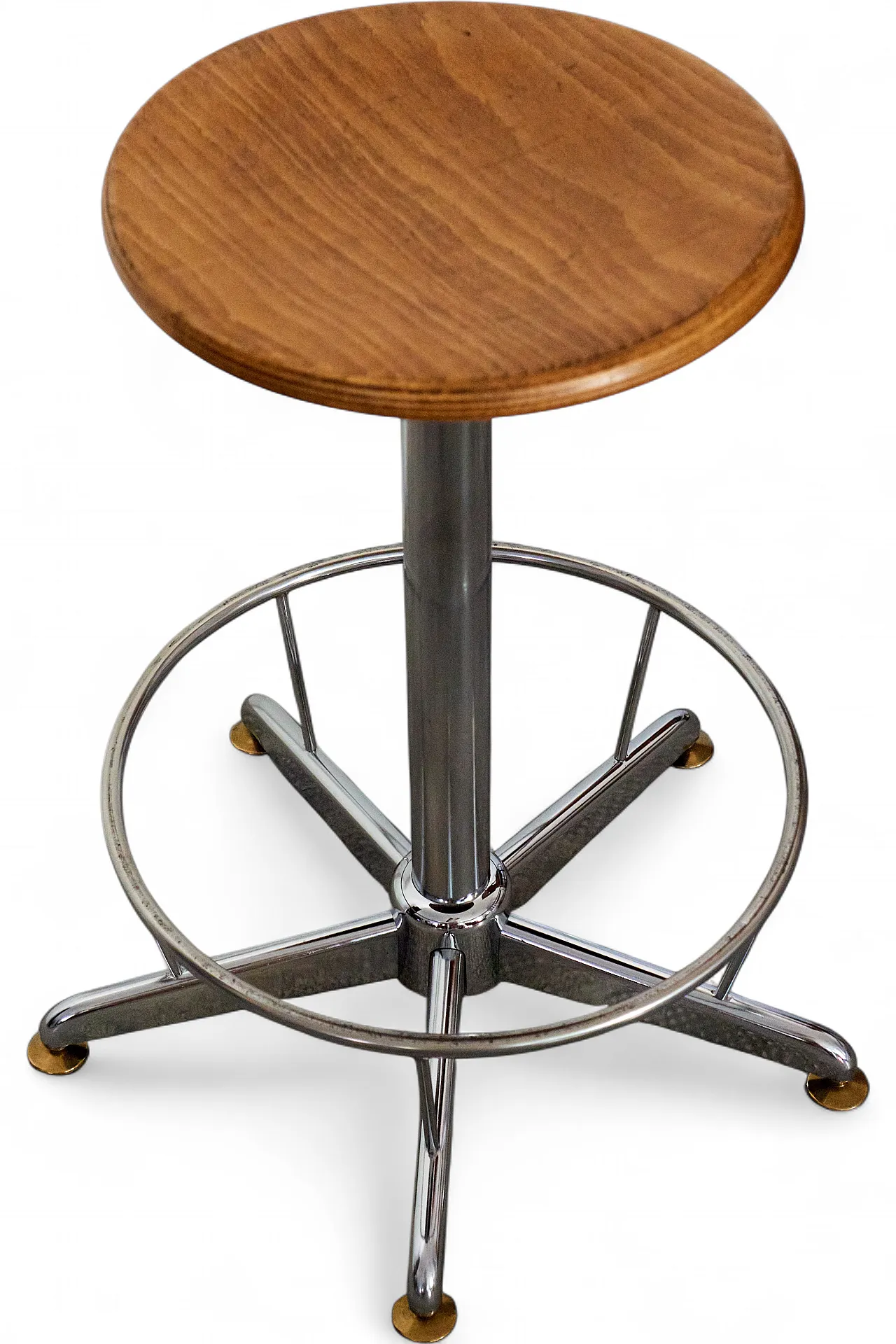 Industrial chrome and wood stool, adjustable in height, 60s-70s 10