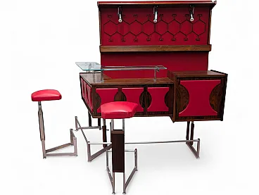 Vintage 70s Space Age Mobile Bar - Rosewood & Red Lounge Bar