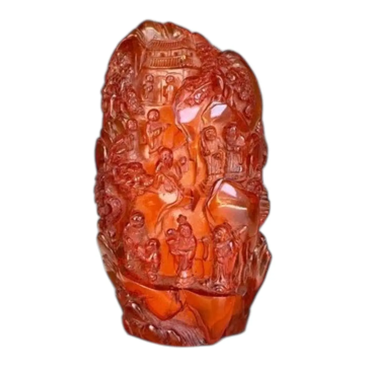 Antico paesaggio cinese scolpito in ambra con Buddha Dinastia Qing 1