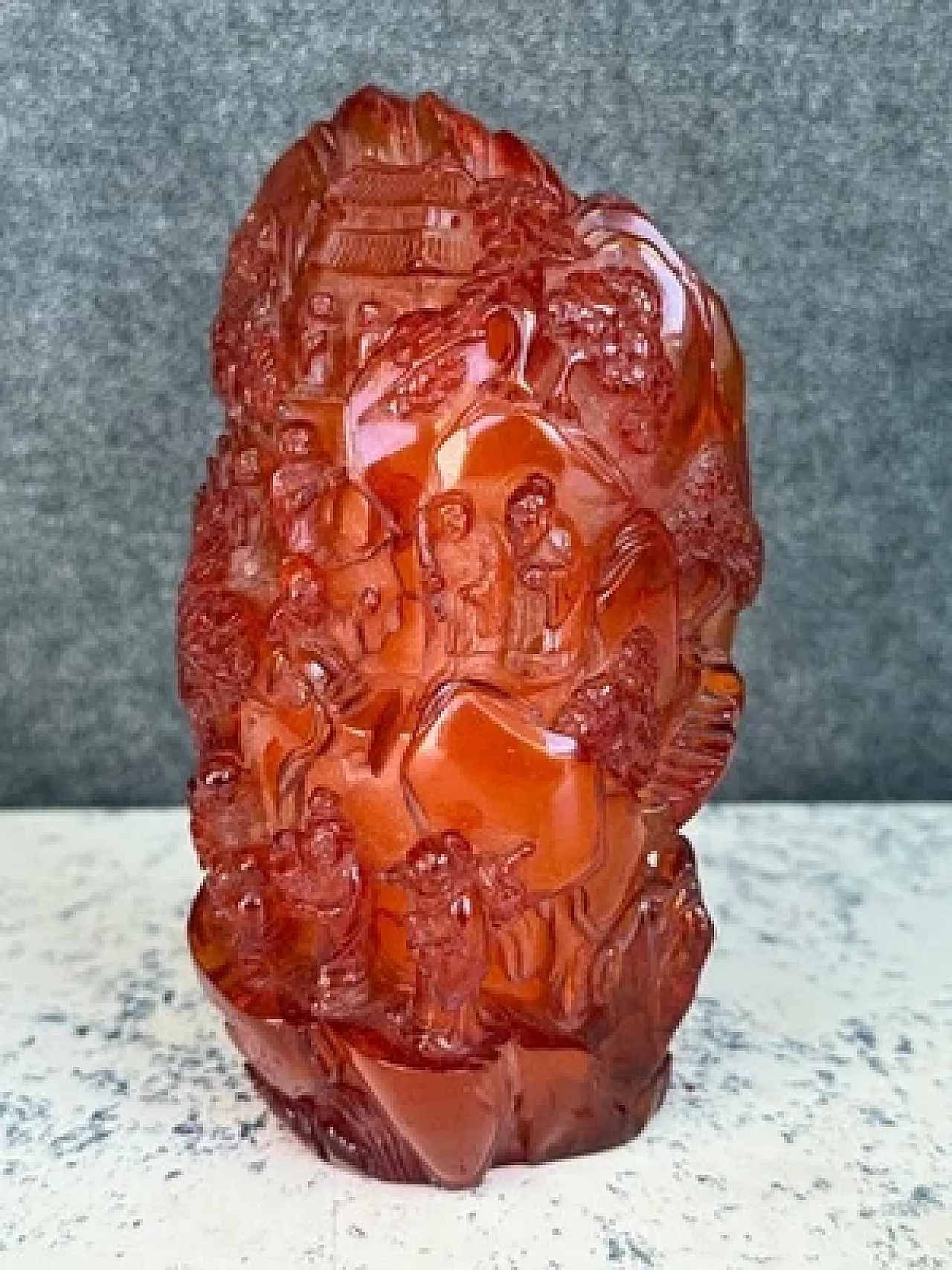 Antico paesaggio cinese scolpito in ambra con Buddha Dinastia Qing 8