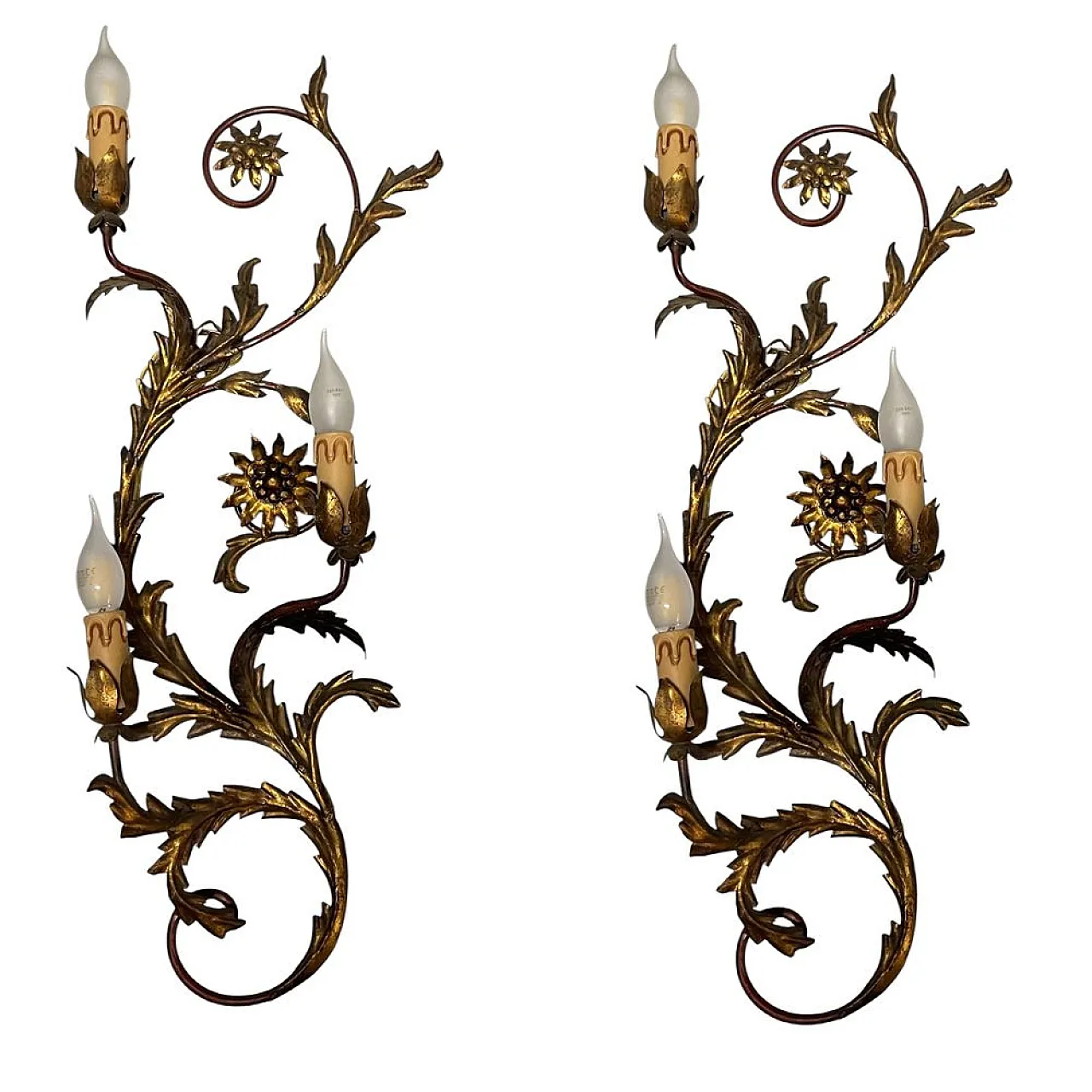 Pair of large Florentine sconces in golden metal, Italy, 1950s 1