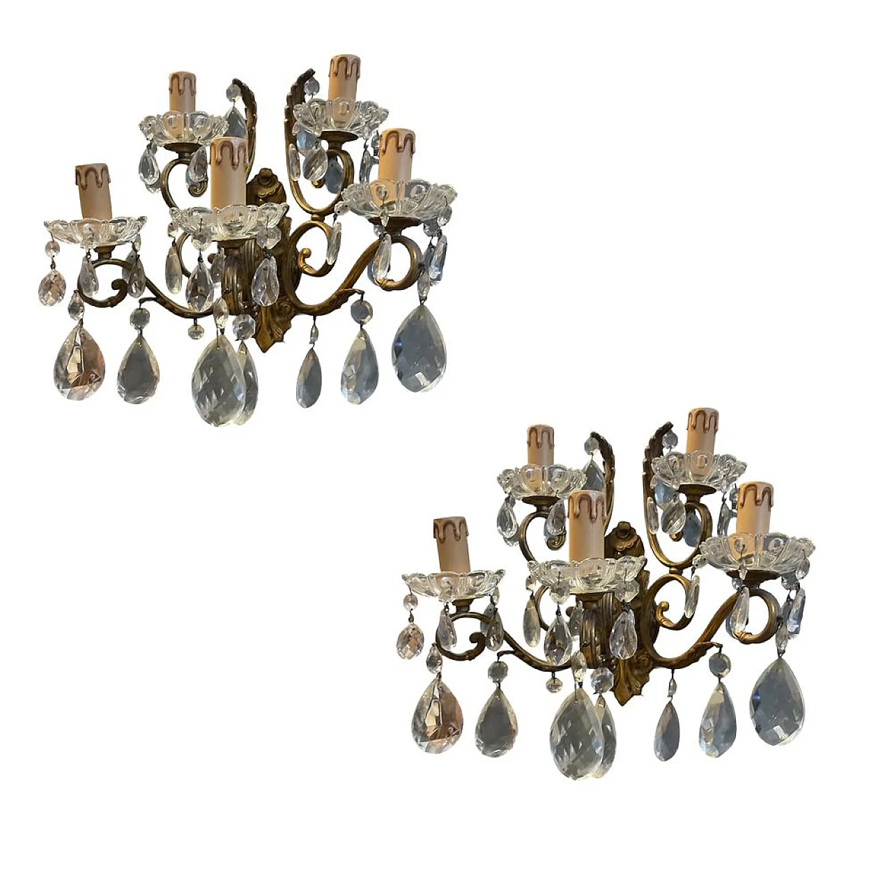 Pair of large bronze and crystal wall sconces, Italy, 1950s 1