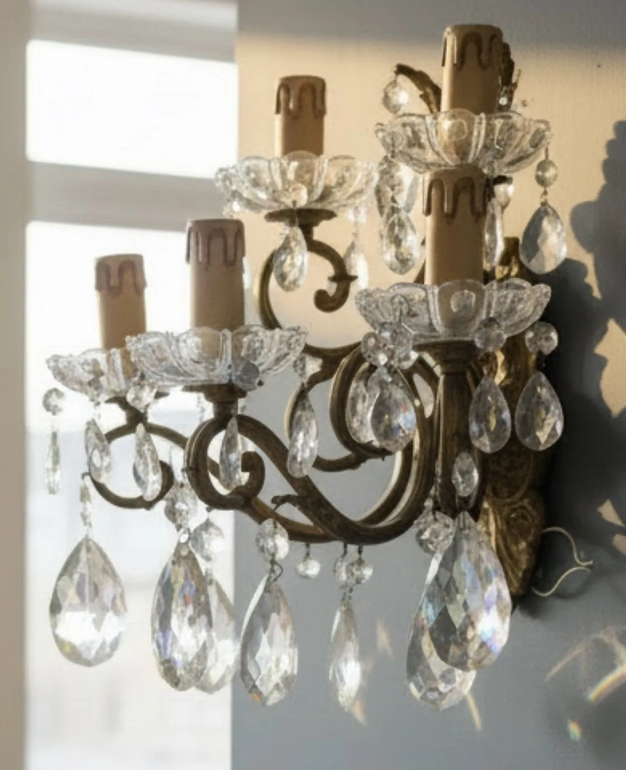 Pair of large bronze and crystal wall sconces, Italy, 1950s 2