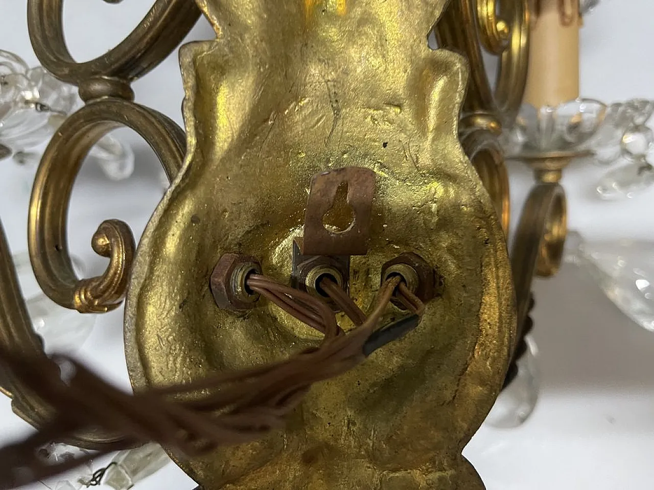 Pair of large bronze and crystal wall sconces, Italy, 1950s 4