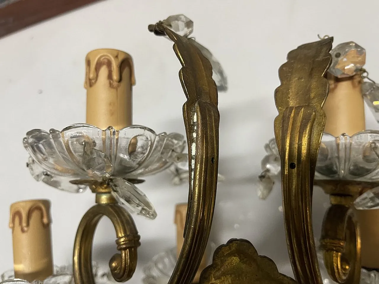 Pair of large bronze and crystal wall sconces, Italy, 1950s 5