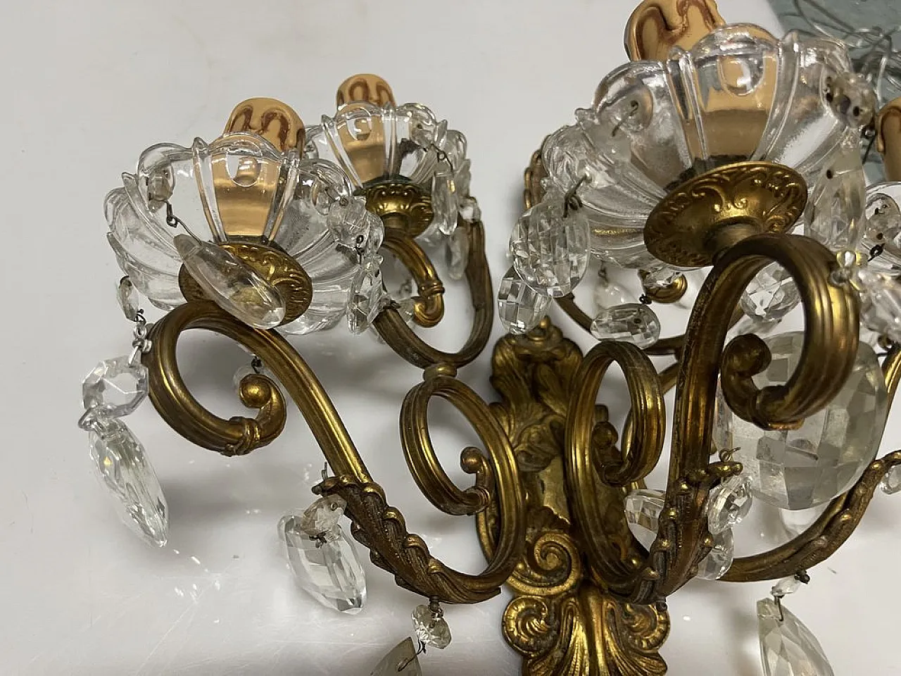 Pair of large bronze and crystal wall sconces, Italy, 1950s 6