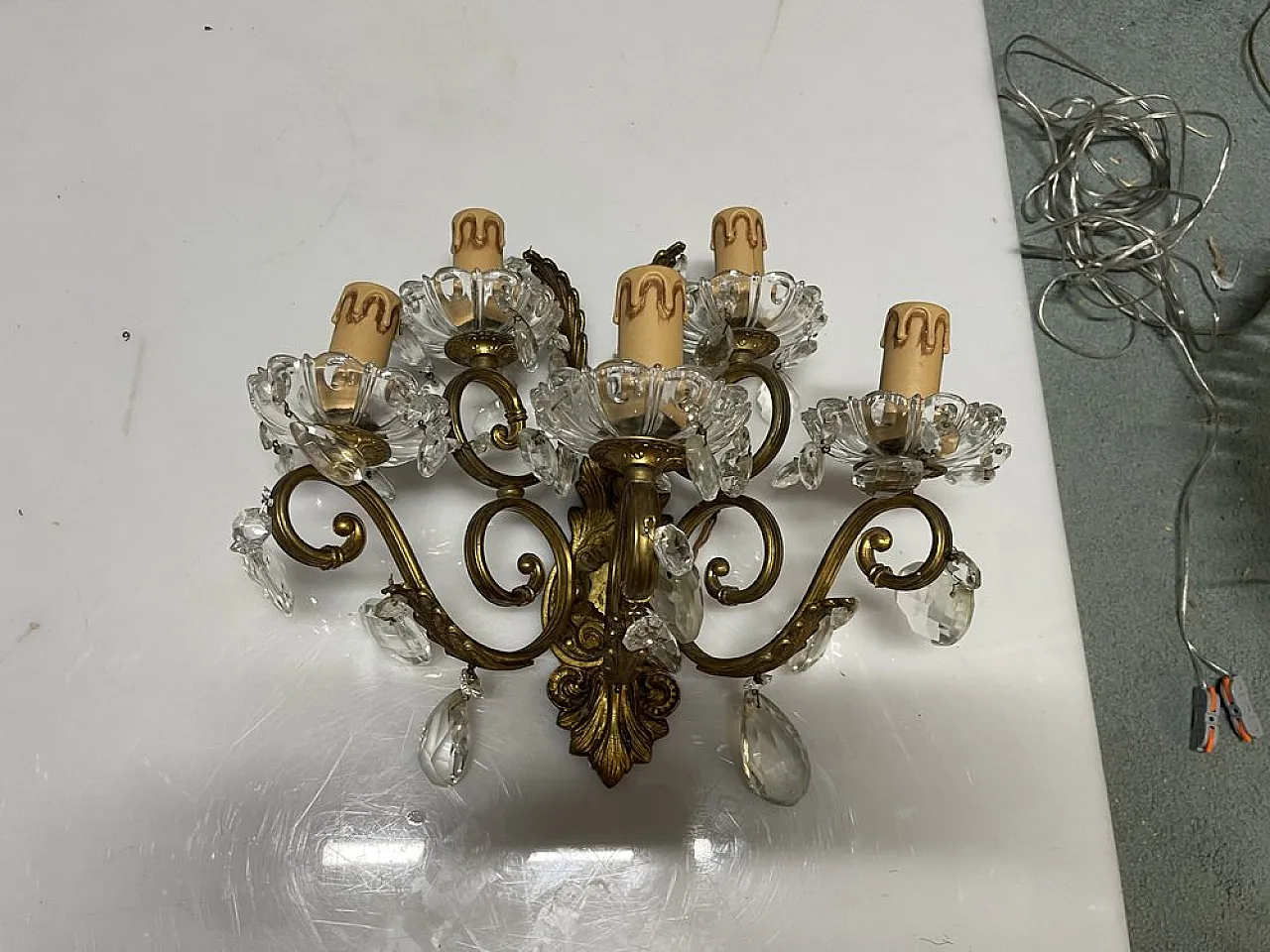 Pair of large bronze and crystal wall sconces, Italy, 1950s 7