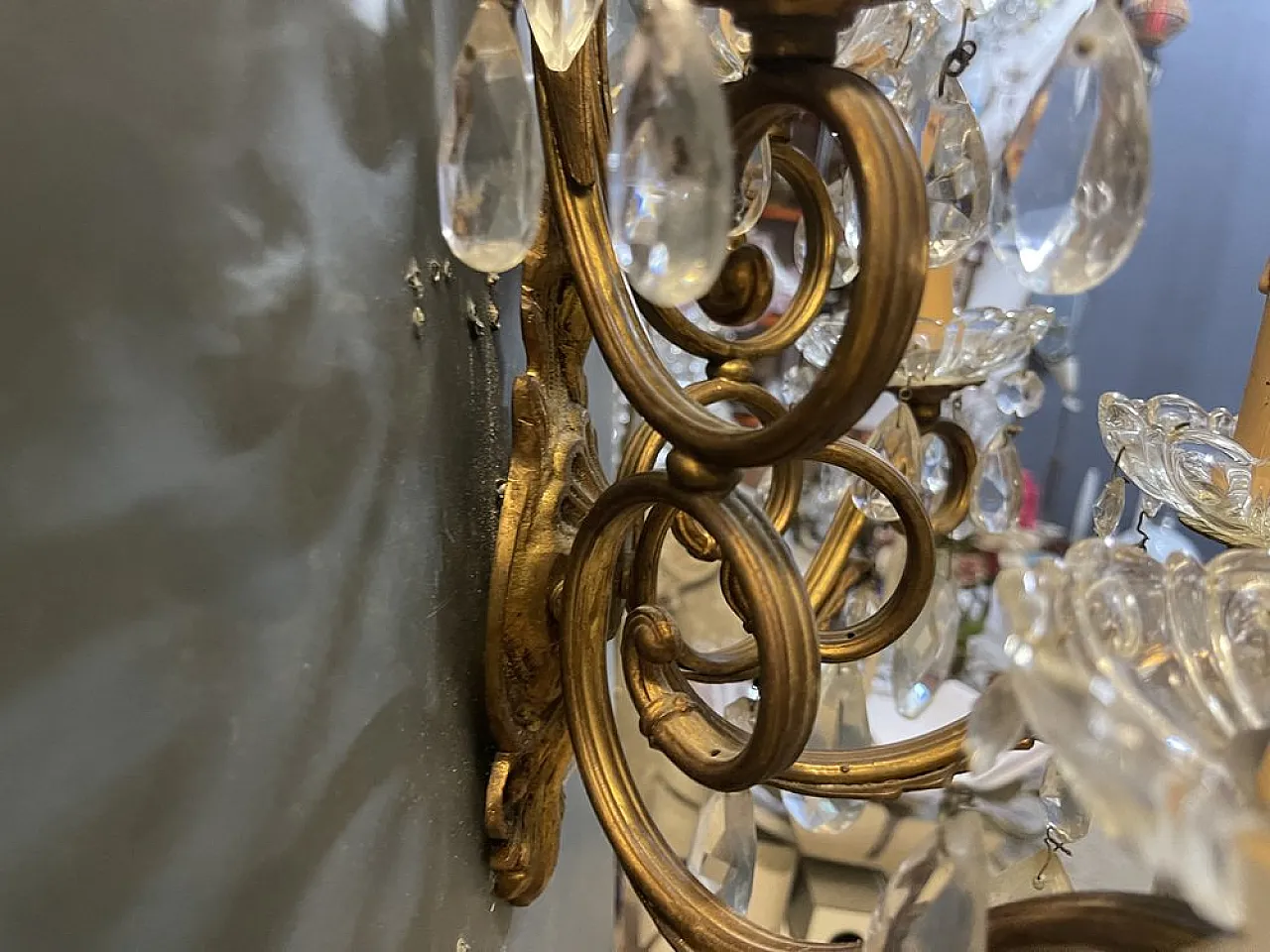 Pair of large bronze and crystal wall sconces, Italy, 1950s 8
